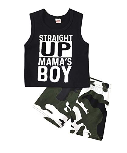 Toddler Kid Baby Boy Summer Outfit Straight Up Mama's Boy Vest Top Casual Shorts Clothes Set (Camo, 6-12 Months)