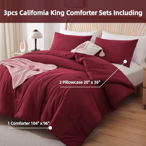 Image of ROSGONIA California King Comforter Set Dark Red, 3pcs (1 Boho Red Cal King Comforter & 2 Pillowcases) All Season Lightweight Bedspread Bedding Blanket
