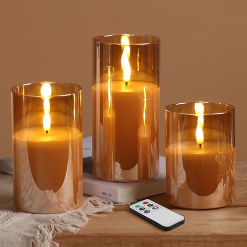 Eywamage Gold Glass Flameless Pillar Candles with Remote, Flickering Fall LED Candles Battery Operated Set of 3