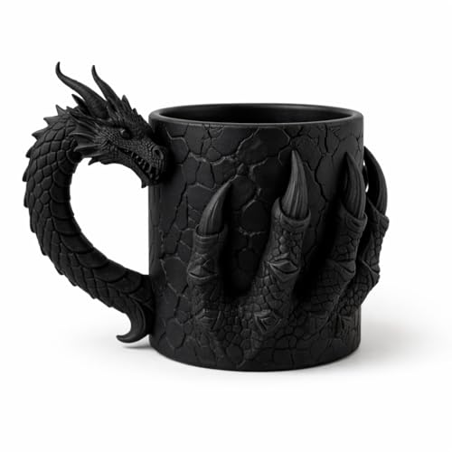 Image of 3D Dragon Coffee Mug Matte Black Sculpted Dragon Handle with Claws Fantasy Gothic Tea Cup Unique Designer Mug for Coffee Tea Milk Decorative Gift for Dragon Lovers Home Office Use