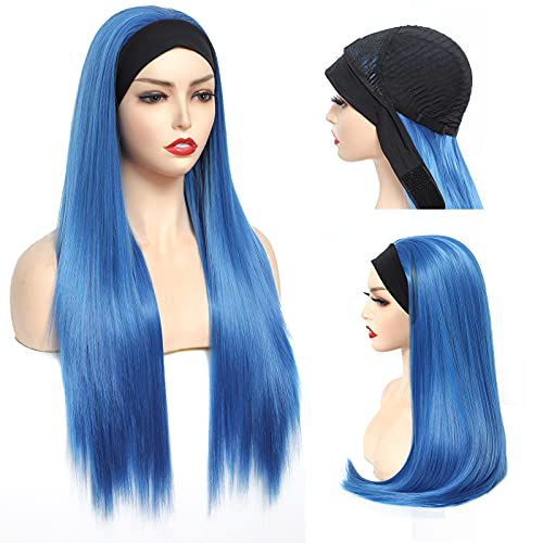 Highlight Headband Wig Long Blue Colored Straight Headband Wigs for Women 26 Inch Synthetic Heat Resistant Replacement Wig Colorful Cosplay Daily Party Wig (Long Blue Wig)