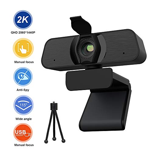 Andoer Câmera de web de foco manual de webcam 2K USB com capa de privacidade Microfone de redução de