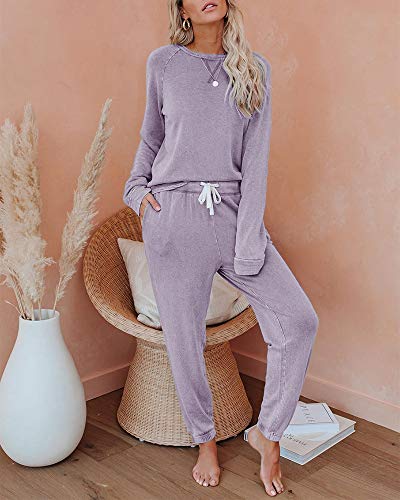 Eurivicy Women's Solid Loungewear Set 2 Piece Long Sleeve Pullover Drawstring Sweatpants Loose Outfits Sets #TOP1