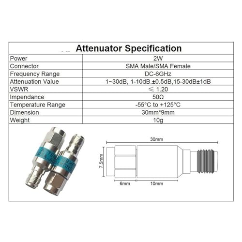 Atenuador coaxial SMA macho a hembra con reduccion estable de 30dB 6
