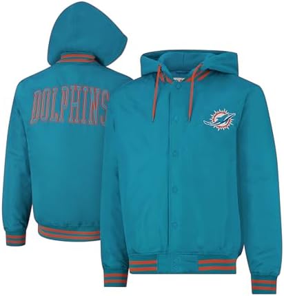 Ultra Game Adults NFL Official Hooded Bomber Satin Jacket, Miami Dolphins, Team Color, Large