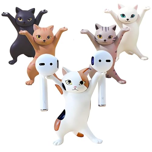 ATHAND 5 Pcs Cat Pen Holder Airpod Holder Stand,Anime Raising Hands Dancing Cat Model Desk Decor Funny Office Desk Decor for Women Girls