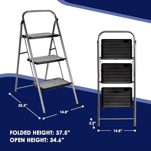 Delxo 3 Step Ladder Folding Step Stool Anti-Slip with Wide Pedal Handrail,Heavy Duty Sturdy Safe Steel Small Ladder for Kitchen Closet,Portable Collapsible Foldable Compact Step Stool for Adults Grey