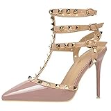valentino heels price Zehenform: Spitze Zeh. Damen-Sandaletten mit Nieten, Knöchelriemen, hohe Absätze, Stiletto, mit Nieten, T-Strap, spitz, geschlossener Zeh, Slingback-Brautkleid, Bequeme Pumps, Schuhe, 10 cm,Lila,38