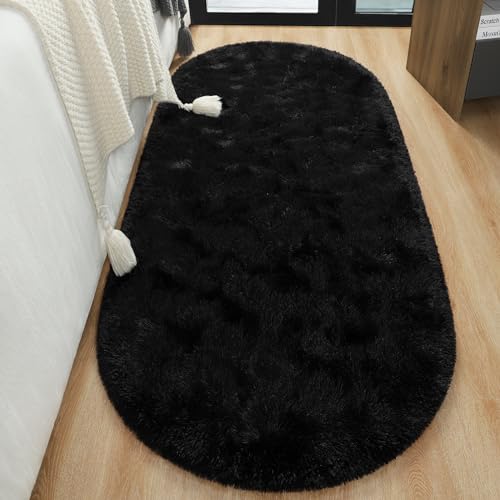 LOCHAS Bedroom Rug 2.6' x 5.3', Black Fluffy Shaggy Area Rug for Bedroom Bedside, Soft Oval Throw Rugs Carpet for Kids Girls Nursery Living Room Home Decor