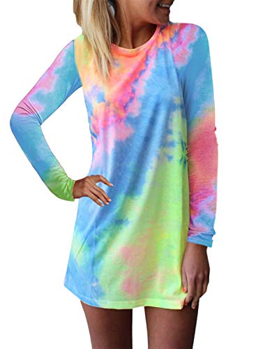 ZANZEA Women's Long Sleeve T Shirt Dress Tie-dye Floral Print Round Neck Spring Mini Dress 07-As Picture1 12