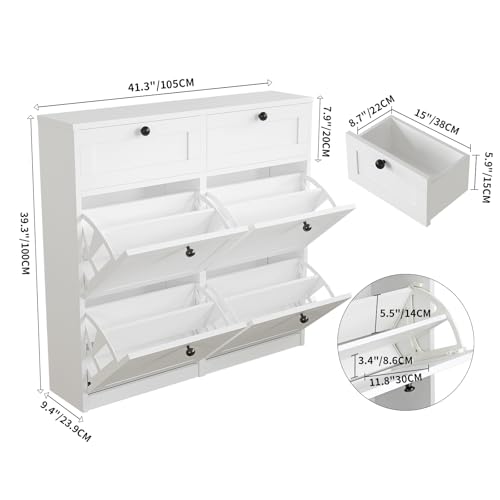 VOWNER Shoe Cabinet with 4 Flip Drawers & 2 Drawers, Freestanding Shoe Storage Cabinet with Adjustable Shelves, Cupboard Organizer for Entryway, Hallway, Living Room, White (White)
