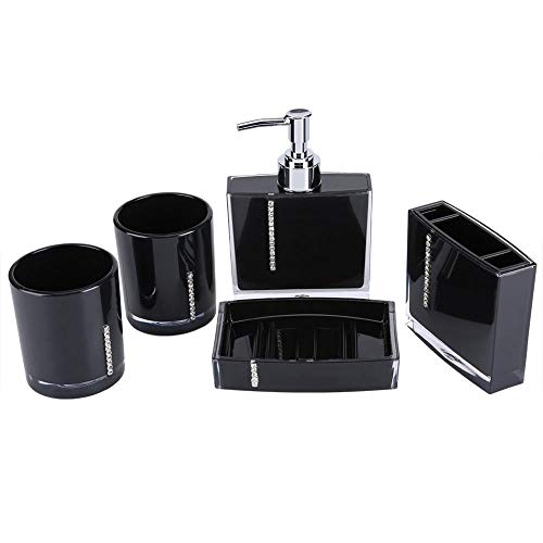 GOTOTO Bathroom Accessories Set, 5 Pcs Soap Dish, Soap Dispenser, Bathroom Tumbler, Toothbrush Holder, Emulsion Bottle, Black