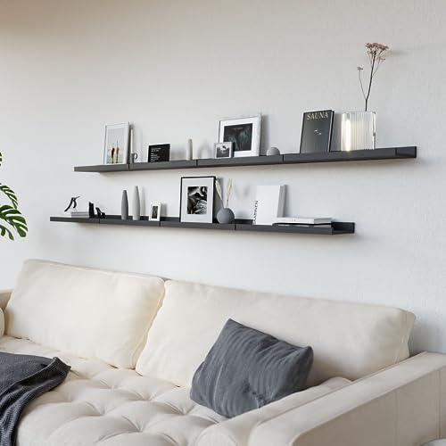 RICHER HOUSE Floating Wall Mounted Shelves, 8pc Set with Lip - Black Nursery Book Shelves for Bedroom, Bathroom, Kitchen Decor Storage