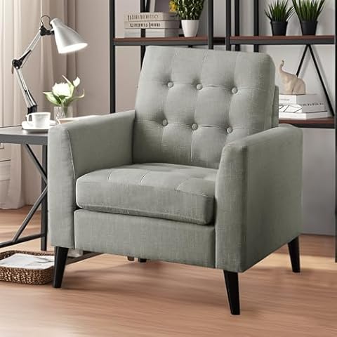 Hevaotry Accent Chair, Tufted Back Buttons Single Sofa with Lounge Seat, Sturdy Wood Legs and High Back for Upholstered Fabric Sofa Club Chair, for Living Room/Bedroom/Office, Grey Cover