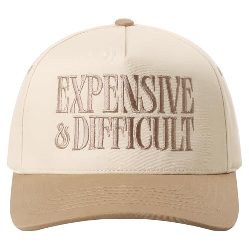 MIRMARU Two-Tone Vintage Canvas Trucker Hats for Men & Women, Adjustable Size Baseball Caps with Trendy Embroidered Design (US, Alpha, One Size, Expensive and Difficult, Beige)