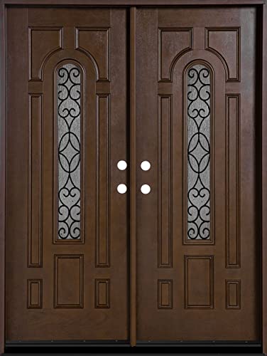 BGW Doors - Exterior Fiberglass Door with Arched Glass with Iron Pre-Hung Pre-Finished Double Entry Door 280W- Righthand Swing 36x80