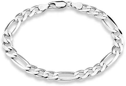 Miabella 925 Sterling Silver Italian 7mm Solid Diamond-Cut Figaro Link Chain Bracelet for Men, Made in Italy (Length 9 Inches)