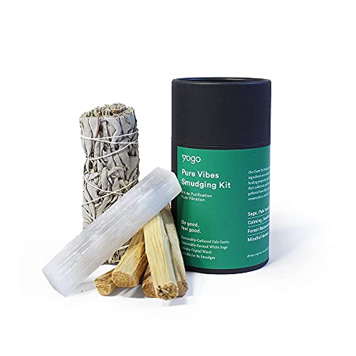 Yogo Pure Vibes Smudging Kit - 5 Sustainably Harvested Palo Santo Sticks from Ecuador, Ethically farmed White Sage from California, and a Selenite Crystal Wand for Energy Cleansing and Aromatherapy