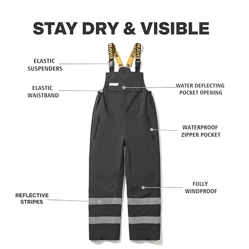 Men’s PRO Hi-Vis Waterproof Workwear Rain Jacket & Bib Pants with Hood, 3-Piece Safety Durable Functional Nylon Oxford Shell(Carbon,MD) - Thumbnail 4