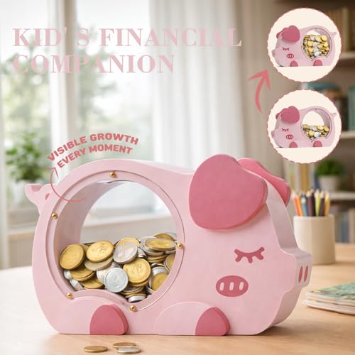 Image of Personalized Piggy Bank for Kids, Cute Money Bank for Girls, Clear Coin Bank with Plug, Wood Kids Bank Toy Unbreakable Money Box, Gift for Children Birthday Christmas and Decor