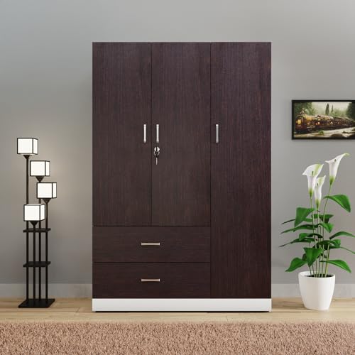 Image of VIKI Wardrobe | Wooden Almirah for Clothes,Door for Bedroom, 3 Door Wardrobe with Drawer & Hanging Space (White & Wenge - 40D x 120W x 180H) | 1 Year Warranty | Free Assembly