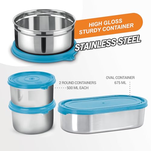 Image of MILTON Steel Smart Lunch Box (2 Round Inner Steel Containers 500ml Each, 1 Oval Container 675ml; Spoon) with Insulated Fabric Bag, Blue, Leak Proof, Odour Proof, Easy to Carry, Food Grade