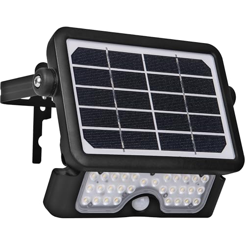 Luceco Foco LED Solar para Exterior con Sensor de Movimiento PIR, Luz de Seguridad, Iluminación Exterior, Diseño Angular, Ajustable, Guardian, Negro, IP65, 5W, 550lm, 4000K, LEXSF6B40