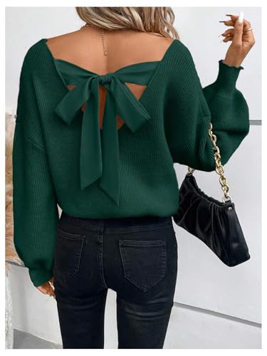 Image of GORGLITTER Women's Bow Fall Sweaters 2025 Cable Knit Chunky Oversized Long Sleeve Backless V Neck Pullover Tops