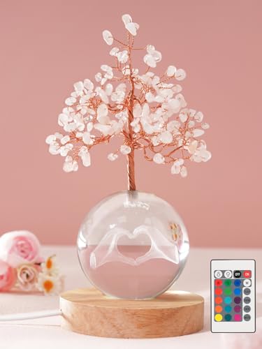 FOLKOR LIFE Rose Quartz Crystal Tree of Life for Positive Energy, Chakra Healing Tree with Remote Control Multicolor Night Light for Room, Office, Desk Decor, Pink Gift for Women, Girls (Heart Hands)