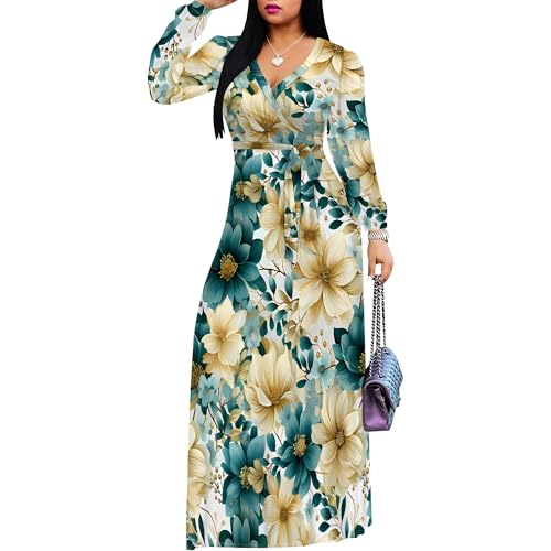 Image of Women Plus Size Long Sleeve V Neck Maxi Dress with Belt | Soft fabric relaxed fit three quarter sleeve v neck with pockets for party and daily wear