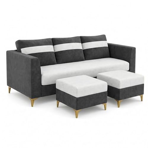 Image of FURNY Nova 5 Seater L Shape Sofa Set with 2 Movable Ottoman | Flexible Left or Right Layout | Plush Velvet Fabric (Dark Grey-Light Grey) | Perfect for Living Room, Guest Room & Office