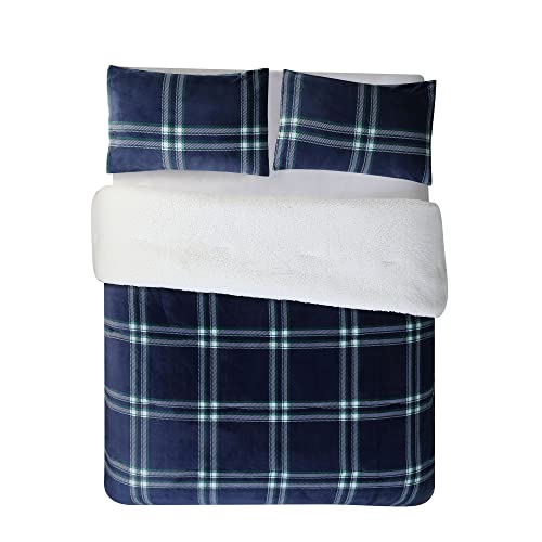 Swift Home Luxurious Ultra-Soft Flannel Plush Plaid & Sherpa 3 Piece Reversible Comforter And Sham Set, Lake, King/Cal King (106"X94"), Navy #TOP2