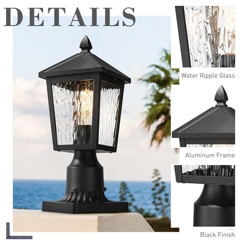 Image of zeyu 13.6 Inch Outdoor Light Fixture for Post, Exterior Post Light Fixtures for Patio, Die-Cast Aluminum with Water Ripple Glass, Black Finish, 20076PS BK-WP