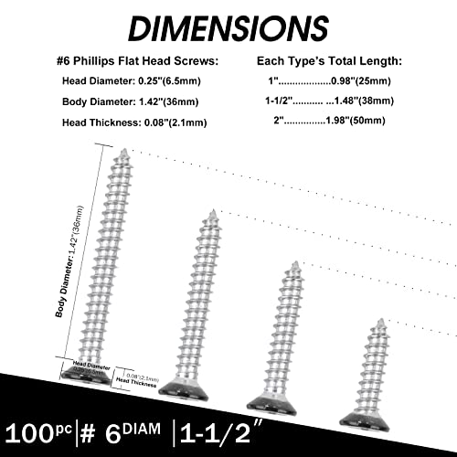 Image of Black Head 100 PCS #6X1-1 /2(1.5 inch) Stainless Steel Phillips Flat Head Wood Screws,Stainless Steel 18-8 A2(304) Screw,Home Screw Kit by QISHENG