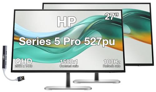 Image of HP Series 5 Pro 527pu 27 inch QHD IPS Monitor with 5ms Response Time, Anti Glare, Flicker Free, Tilt, VESA Mount (100mm), Displayport, HDMI & Dockztorm USB Port Expander, Black /Silver (9E0G5AA#ABA) 2 Pack