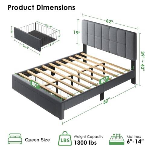 Image of Marsail Queen Bed Frame with 2 Storage Drawers - Upholstered, Adjustable Headboard,6 inch-12 inch Mattress Fit, 1300 lbs Capacity, 12-Leg Sturdy Wood Construction, Easy Assembly, Dark Gray