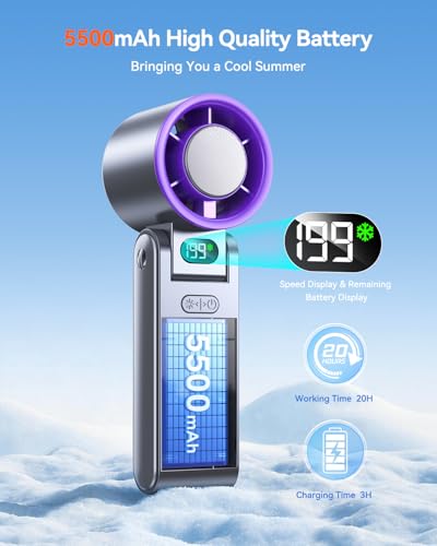 Image of Portable Handheld Fan with Ice Cooler, 199 Speed Personal Fan,5500mAh Rechargeable,20H Cooling Time,20000 RPM Powerful Motor, Summer Essential for Travel /Outdoor /Office, Grey Purple