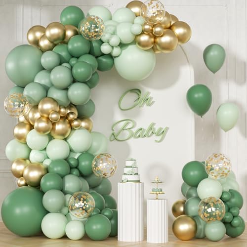 Image of Sage Green Balloon Garland Arch Kit with Metallic Gold Balloons