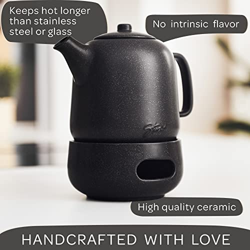 Image of Steinzeit Design Tea Pot with Warmer (44 oz) - Premium Ceramic Teapot with Infuser for Loose Tea - Black Teapot Ceramic with Removable Steamer