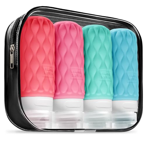 【2025客室乗務員推薦】100mlのトラベルボトル4個、シリコン シャンプーボトル 旅行用 TSA承認済み 漏れない 詰め替え 携帯用容器