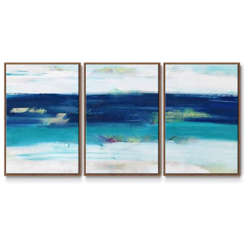 Renditions Gallery Seascape Wall Art Blue Beach Watercolor Artwork Home Décor Modern Abstract Wall Decorations for Kitchen and Bathroom Walnut 3 Pieces of Framed Canvas Prints 16x24 Inch LS008