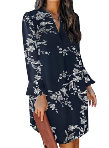 Image of Wkior Womens Fall Ruffle Long Sleeve V Neck Shift Dresses (S-XXL) | Casual Loose Design, Breathable Fabric, Fall Lightweight Clothes,Vacation Travel Outfit, Essential Fashion Dress