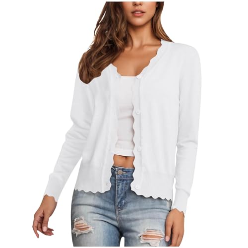 Women's Knit Button Cardigans Tops Long Sleeve Ruffle Open Front Lightweight Blouses Ladies Scalloped Shrugs Shirt