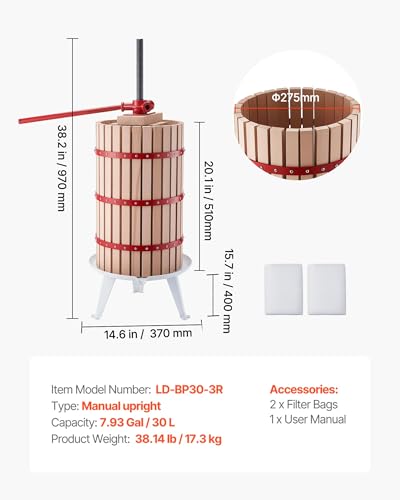 Image of VEVOR Fruit Wine Press, 7.93Gal /30L Manual Juice Maker, Solid Beech Wood Basket, Vintage Traditional Juicer with 6 Press Wooden Blocks, 2 Filter Bags, Heavy Duty Pole Handle Bar for Cider Apple Grape
