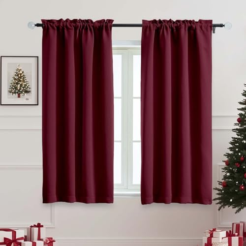 Image of Christmas Burgundy Blackout Curtains for Bedroom 63 Inch Length 2 Panels Set, Nursery Thermal Insulated Energy Saving Rod Pocket Window Treatment Curtains Blackout Drapes, 2x40Wx63L Inches