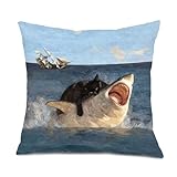Foritho Funny Black Cat and Shark Ocean Pillow Covers 18x18, Cat Shark Room Decor, Vintage Oil Painting Renaissance Animal Nautical Decorative Throw Pillow Covers for Home Bedroom