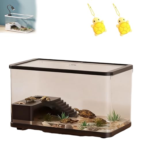 カメ飼育箱両生類トカゲ飼育水槽底面排水専用箱アカミミガメ飼育箱透明照明付き水陸両用飼育箱カメケージ脱走防止設息環境爬虫類・両生類対応全方位観察可能のチャーム2個付き(Yellow,Flagship,M(38*21*22cm))