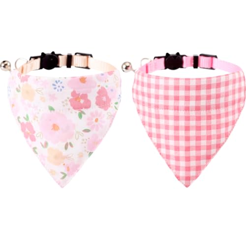 Cat Collars Breakaway with Bandana Bell Plaid Flower Pet Kitten Adjustable for Small Dog Puppies Girl Boy