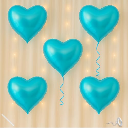 Image of Pack of 5 Heart Balloons for Happy Birthday Decoration Sky Blue Kit Baby Boys Girls Kids Men Women Car Boot Living Room Heart Shaped Foil Balloon Set Items