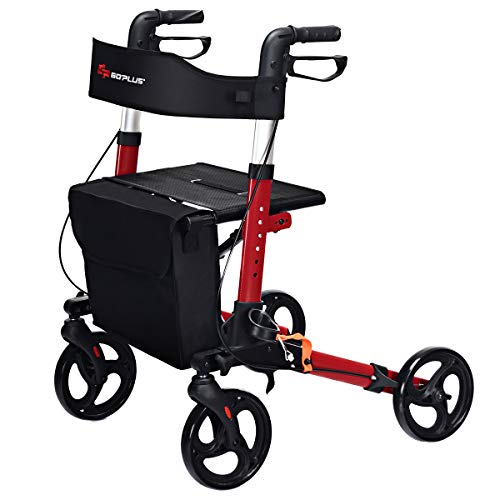 COSTWAY Lightweight Folding Rollator Walker with Seat, Dual Safety Brake, Adjustable Height, 4 Wheels Mobility Aids with Cane/Umbrella Holder & Removable Storage Bag (Red)